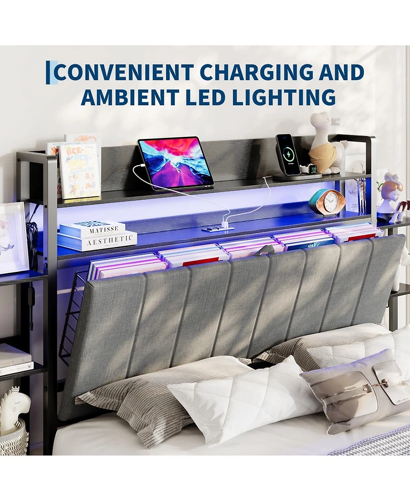 gaomon Full Size Upholstered Bed Frame with Hidden Headboard Storage, Led Lights, Charging Station