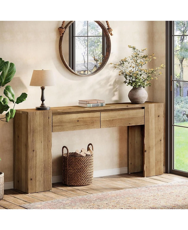Tribesigns 63-Inch Wood Console Table with 2 Drawers, Narrow Entryway Table for Hallway and Behind Sofa, Rustic Farmhouse Slim Sturdy Accent Furniture