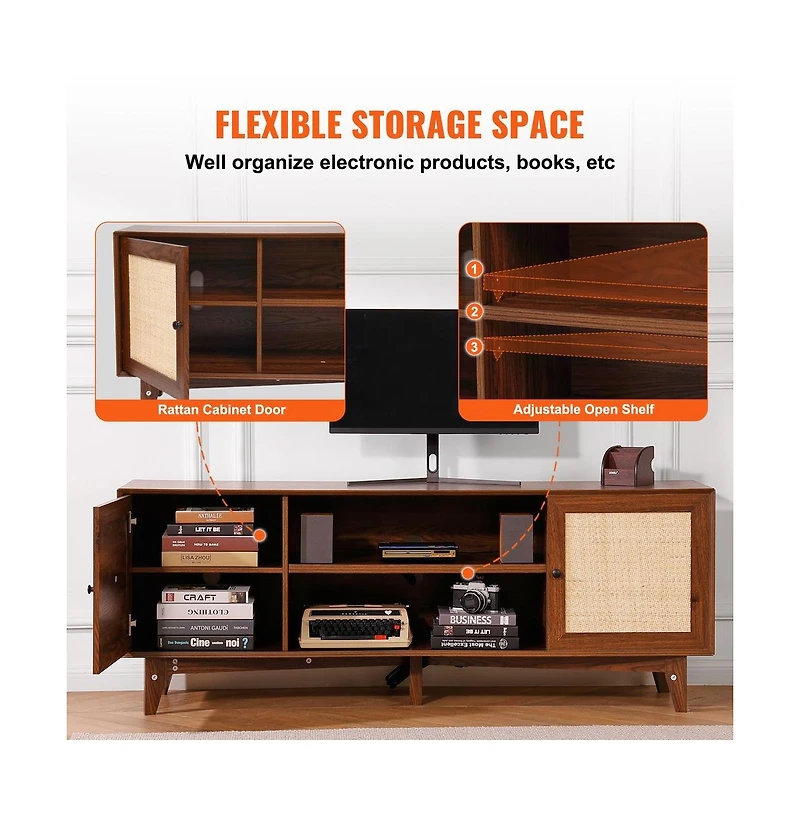 Sugift Rattan Tv Stand for 75 in Tv, 66 in Boho Entertainment Center with Built-In Power Strip and Storage Cabinets
