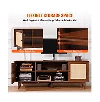 Sugift Rattan Tv Stand for 75 in Tv, 66 in Boho Entertainment Center with Built-In Power Strip and Storage Cabinets