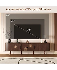 Rainsken 70 Inch Mid Century Modern Tv Stand, for 80 Inch Tv, with Power Outlet and Sliding Door, for Living Room, Bedroom