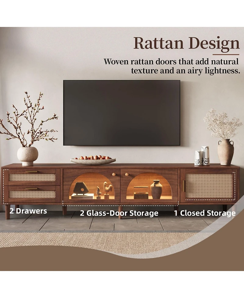 Rainsken 70.8" Led Tv Stand, with 3 Cabinets and 2 Drawers, Rattan-Inspired Media Console Tablem, with App Controlled, for Living Room, Bedroom