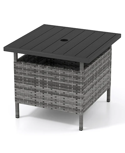 Sugift Patio Square Wicker Side Table with Umbrella Hole for Yard and Pool Deck