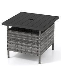 Sugift Patio Square Wicker Side Table with Umbrella Hole for Yard and Pool Deck