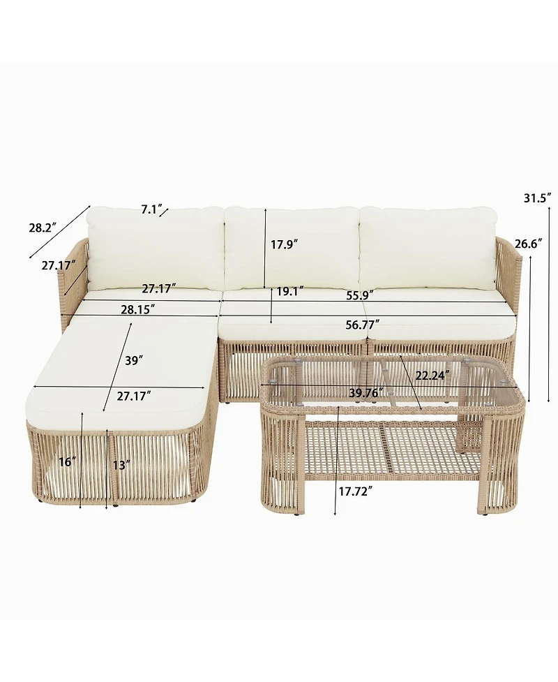 Asagikoiai Pe Rattan Outdoor Sectional Sofa Set with Cushions and Coffee Table