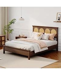 gaomon Full Bed Frame with Rattan Headboard – Wooden Platform Bed with Storage Shelf and Under Bed Storage, Silent Slats, No Box Spring Needed