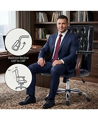 homfan Vintage Wingback Swivel Executive Chair with Thick Cushion, Adjustable Recline, and Wood Base