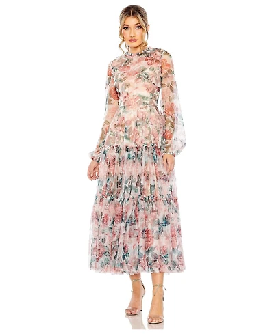Mac Duggal Women's Long Sleeve High Neck Balloon Midi Dress