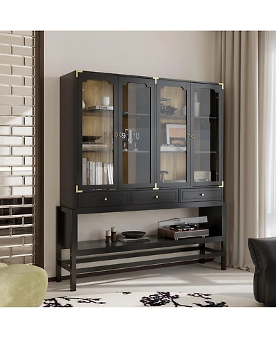 Homsee 66Inch Glass Door Cabinet with 3 Drawers - Industrial Wood and Metal Storage Cabinet
