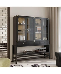 Homsee 66Inch Glass Door Cabinet with 3 Drawers - Industrial Wood and Metal Storage Cabinet