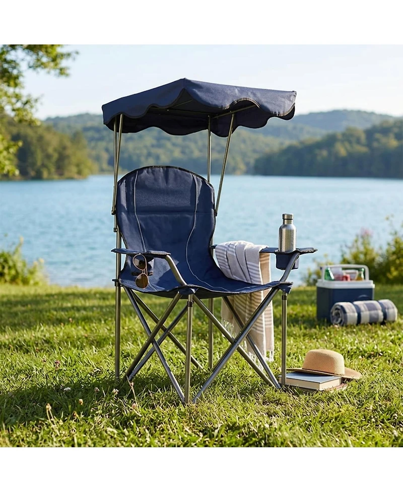 Yiortwo Folding Beach Chair with Sun Canopy and Dual Cup Holders Portable Outdoor