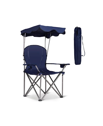 Yiortwo Folding Beach Chair with Sun Canopy and Dual Cup Holders Portable Outdoor