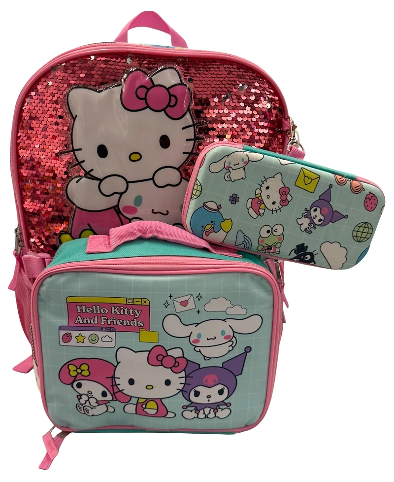 Accessory Innovations Boys' and Girls' Hello Kitty Backpack, Lunch Bag, Pencil Case and Carabiner Clip, 4 Pieces Set