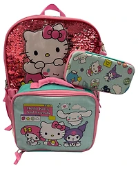 Accessory Innovations Boys' and Girls' Hello Kitty Backpack, Lunch Bag, Pencil Case and Carabiner Clip, 4 Pieces Set