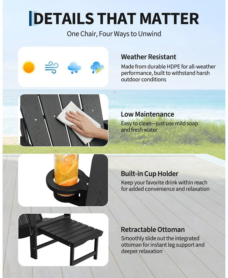 gaomon 2 Piece All-Weather Hdpe Outdoor Folding Adirondack Rocking Chair with Retractable Ottoman for patios, Decks, Gardens