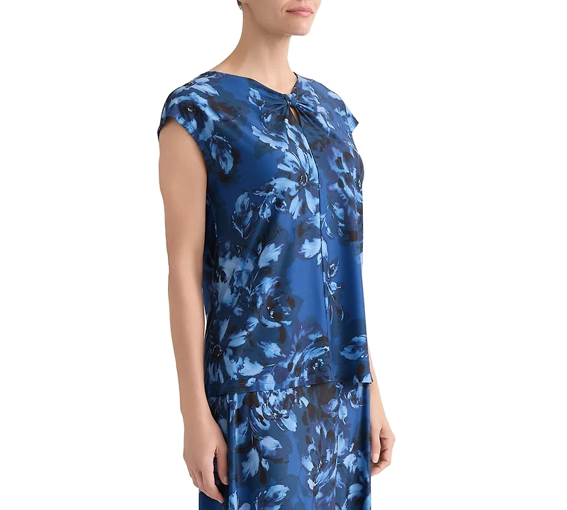 Kasper Women's Printed Bow-Neck Extended-Shoulder Top