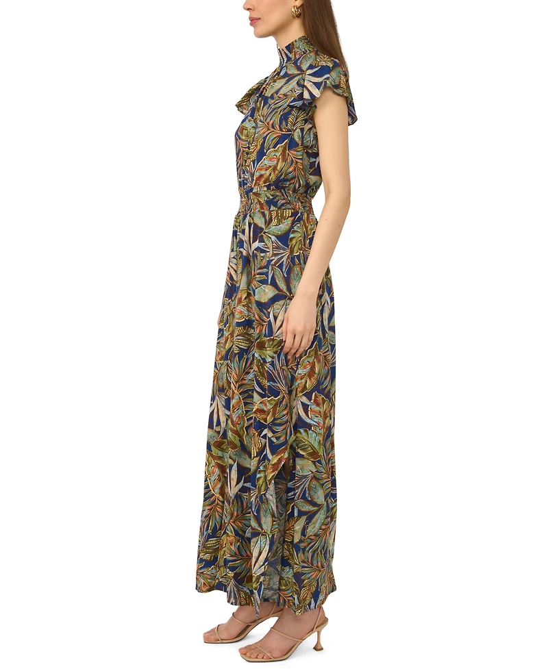 Msk Women's Leaf Print Smocked Mock Neck Jumpsuit