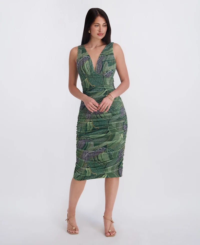 Siena Women's V-Neck Printed Mesh Midi Dress