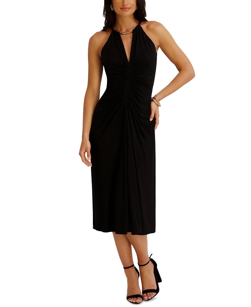 Siena Women's Ruched Halter V-Neck Midi Dress