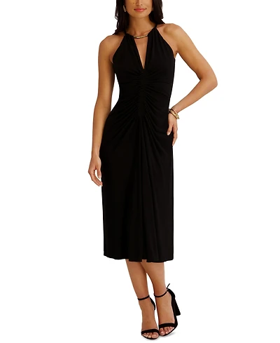 Siena Women's Ruched Halter V-Neck Midi Dress