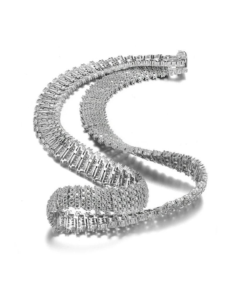 Rachel Glauber White Gold Plated Clear Round Cubic Zirconia Linear Pave Necklace