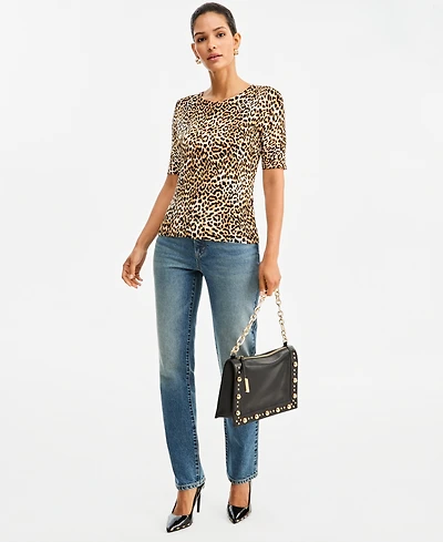 I.n.c. Women's Leopard-Print Fitted Short-Sleeve Crewneck Sweater, Macy's Exclusive