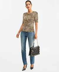 I.n.c. Women's Leopard-Print Fitted Short-Sleeve Crewneck Sweater, Macy's Exclusive