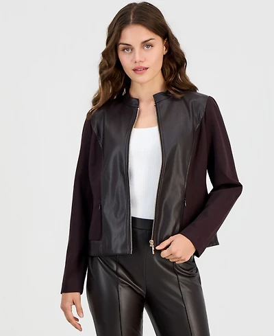 Anne Klein Essentials Petite Mod Moto Zipper-Front Mandarin Collar Jacket