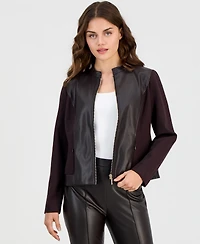 Anne Klein Essentials Petite Mod Moto Zipper-Front Mandarin Collar Jacket