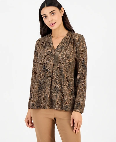 Anne Klein Essentials Petite Long-Sleeve Split-Neck Yoke Blouse