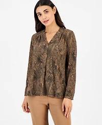 Anne Klein Essentials Petite Long-Sleeve Split-Neck Yoke Blouse