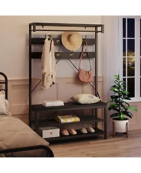 homfan Multifunctional Hall Tree Coat Rack, Heavy Duty Steel Wood Entryway Storage Bench with Hooks and Shelves