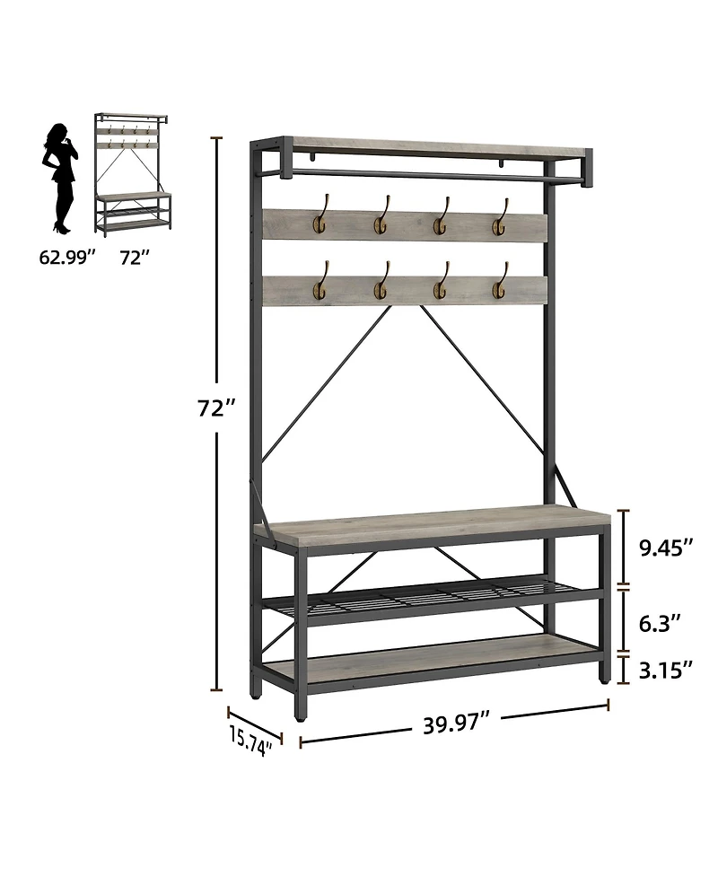 homfan Multifunctional Hall Tree Coat Rack, Heavy Duty Steel Wood Entryway Storage Bench with Hooks and Shelves