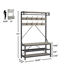 homfan Multifunctional Hall Tree Coat Rack, Heavy Duty Steel Wood Entryway Storage Bench with Hooks and Shelves