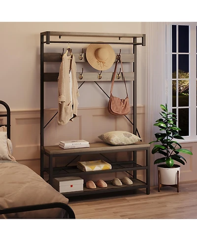 homfan Multifunctional Hall Tree Coat Rack, Heavy Duty Steel Wood Entryway Storage Bench with Hooks and Shelves