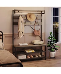 homfan Multifunctional Hall Tree Coat Rack, Heavy Duty Steel Wood Entryway Storage Bench with Hooks and Shelves