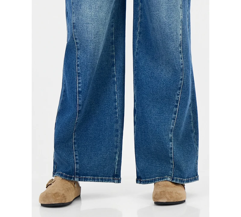 Madden Girl Juniors' Asym Elastic Back Waist High-Rise Wide-Leg Jeans