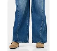 Madden Girl Juniors' Asym Elastic Back Waist High-Rise Wide-Leg Jeans