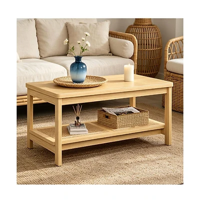 homfan 39.4 Inch 2 Tier Wooden Table with Rattan Storage Shelf Rustic Farmhouse Center Table with Round Corners and Anti Slip Foot Pads