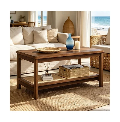 homfan 39.4 Inch 2 Tier Wooden Table with Rattan Storage Shelf Rustic Farmhouse Center Round Corners and Anti Slip Foot Pads