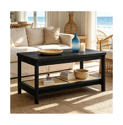 homfan 39.4 Inch 2 Tier Wooden Table with Rattan Storage Shelf Rustic Farmhouse Center Round Corners and Anti Slip Foot Pads