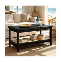 homfan 39.4 Inch 2 Tier Wooden Table with Rattan Storage Shelf Rustic Farmhouse Center Round Corners and Anti Slip Foot Pads