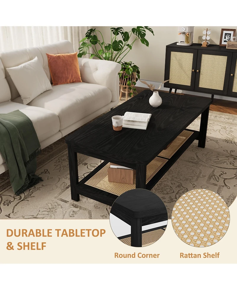 homfan 39.4 Inch 2 Tier Wooden Table with Rattan Storage Shelf Rustic Farmhouse Center Round Corners and Anti Slip Foot Pads