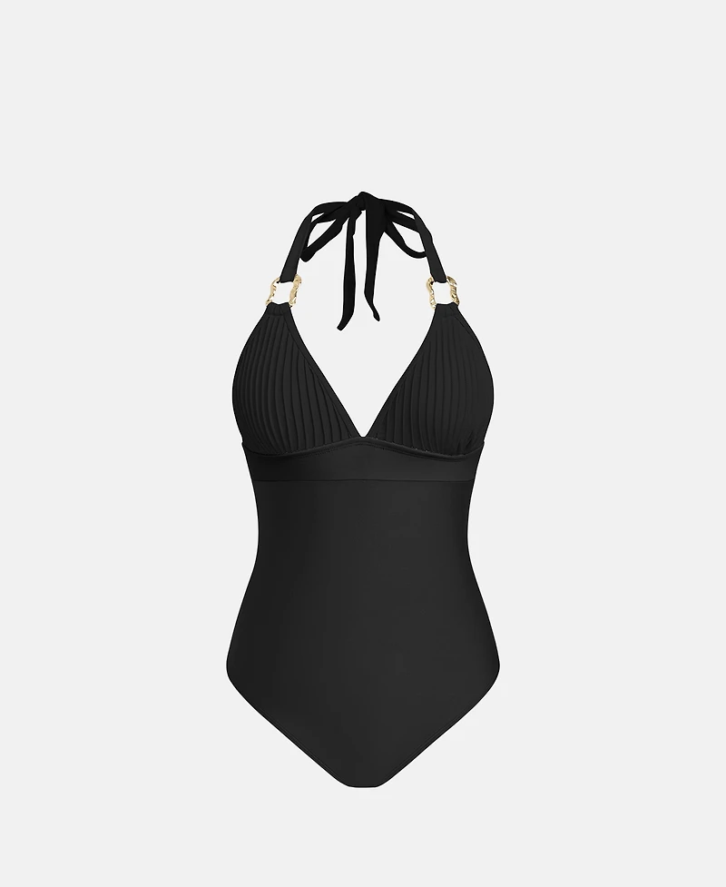Cupshe Women's Ribbed V-Neck Metal Trim One-Piece Swimsuit