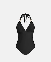 Cupshe Women's Ribbed V-Neck Metal Trim One-Piece Swimsuit