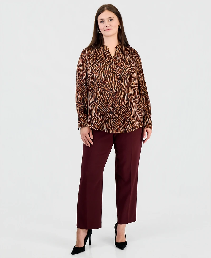 Anne Klein Plus Long-Sleeve V-Neck Pleat-Front Blouse
