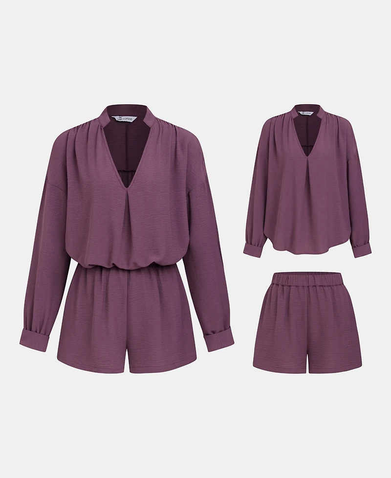 Cupshe Women's V-Neck Long Sleeve Blouse and High-Waisted Elastic Shorts Matching Outfits