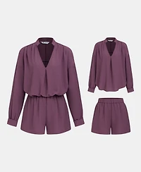 Cupshe Women's V-Neck Long Sleeve Blouse and High-Waisted Elastic Shorts Matching Outfits