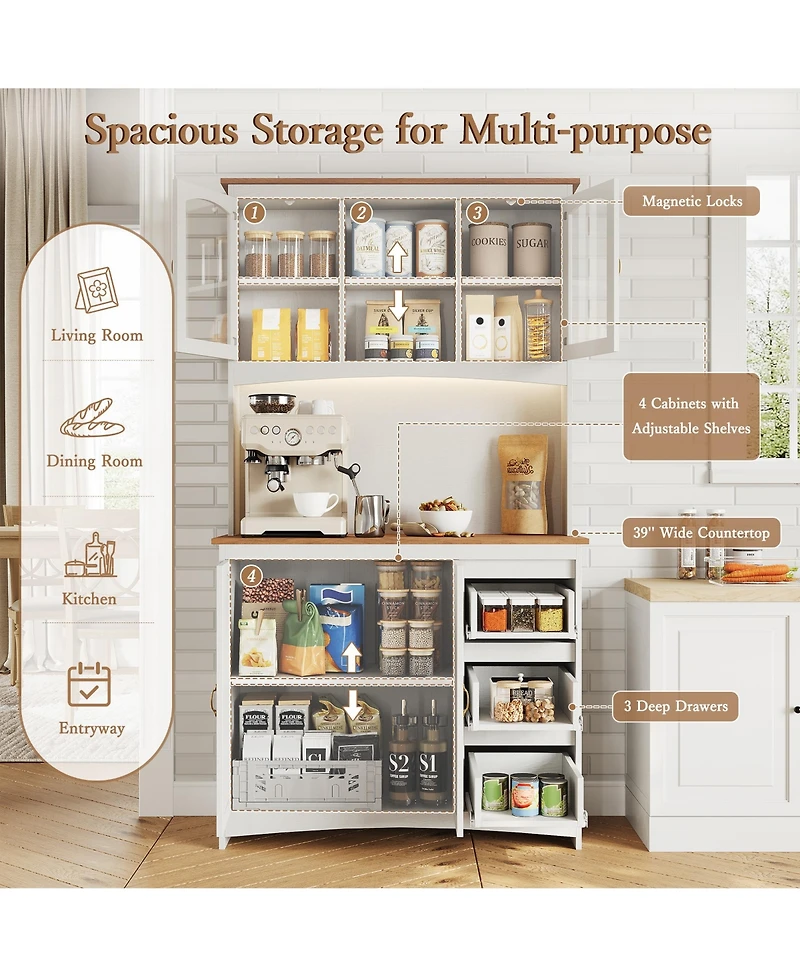 gaomon Kitchen Pantry Cabinet with Led Lights and Charging Station, 71 Inch Tall Kitchen Hutch Storage Cabinet with Countertop, 3 Drawers, 4 Doors