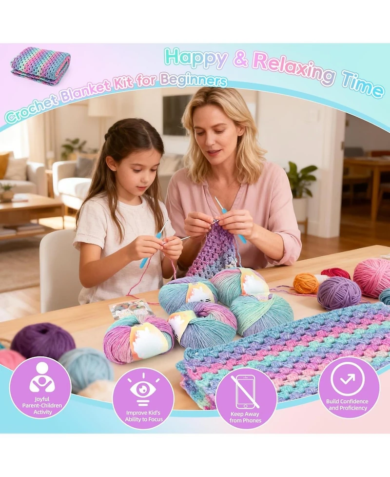 Aeelike Blanket Crochet Kit for Beginners, Super Easy Crochet Blanket Kit with Soft Gradient Yarns and Video Tutorials, Crocheting Accessories